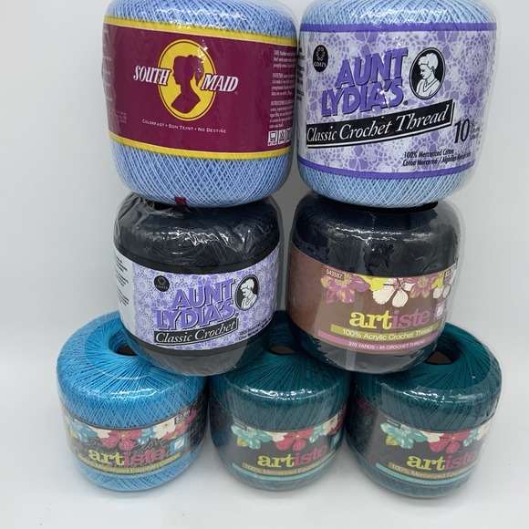 Lot Of 7 Crochet Thread Blue Black Turquoise Teal (Jade Blue) NEW Unopened Set - Picture 2 of 16